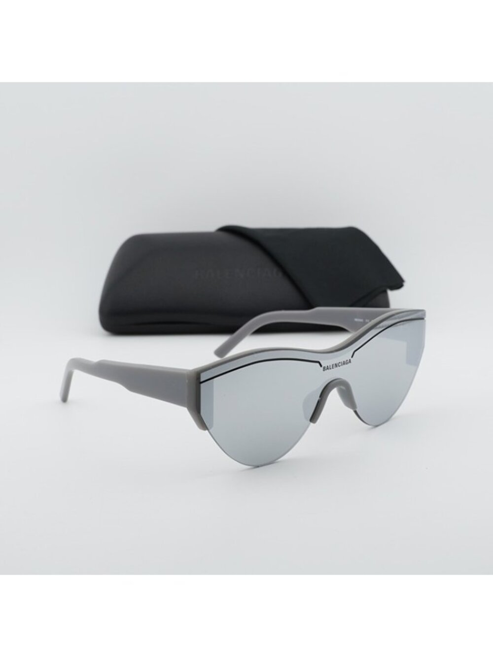 Balenciaga BB0004S 012 Semi Rim Sunglasses Grey Shield Frame, Silver Lenses - Picture 11 of 11